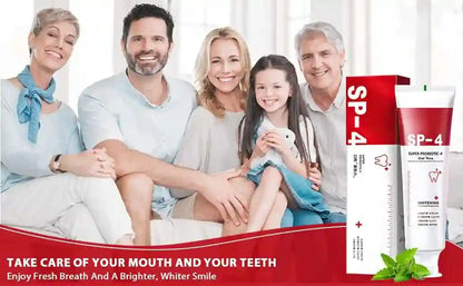 Family sitting together with SP-4 toothpaste packaging displayed.