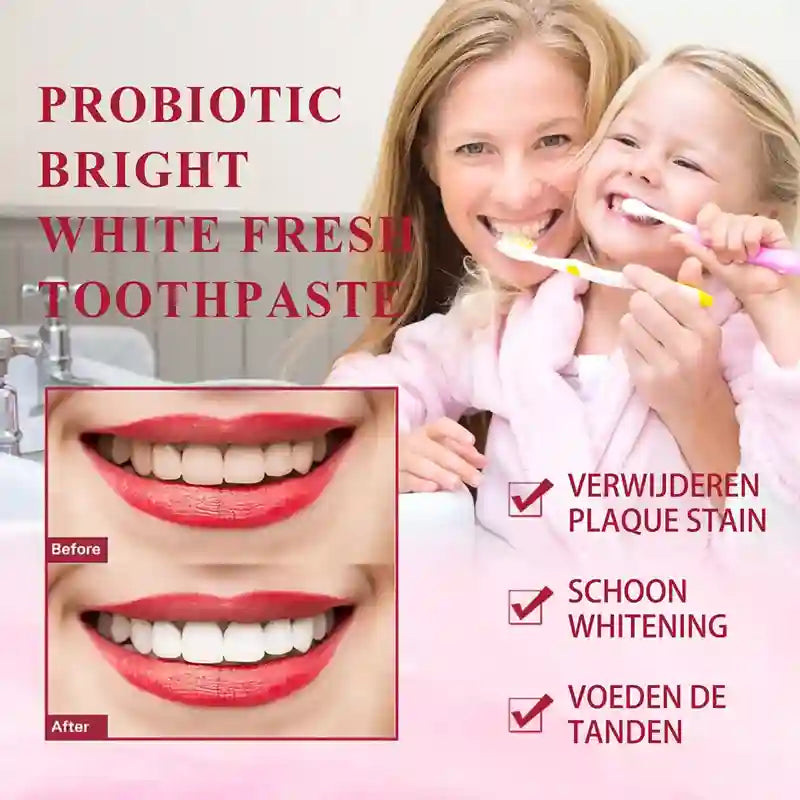 Two women brushing their teeth with a focus on a close-up of a smile before and after using probiotic bright white fresh toothpaste.