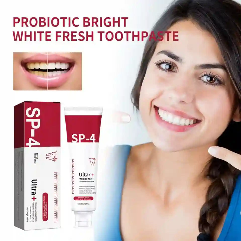 SP-4 toothpaste packaging with a woman showing off her smile, featuring text 'Probiotic Bright White Fresh Toothpaste'.
