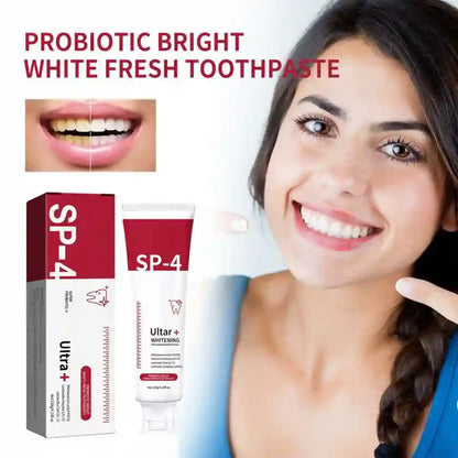 SP-4 toothpaste packaging with a woman showing off her smile, featuring text 'Probiotic Bright White Fresh Toothpaste'.