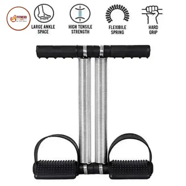 Black and silver resistance band with fitness feature icons on a white background