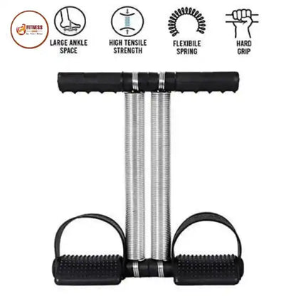 Black and silver resistance band with fitness feature icons on a white background