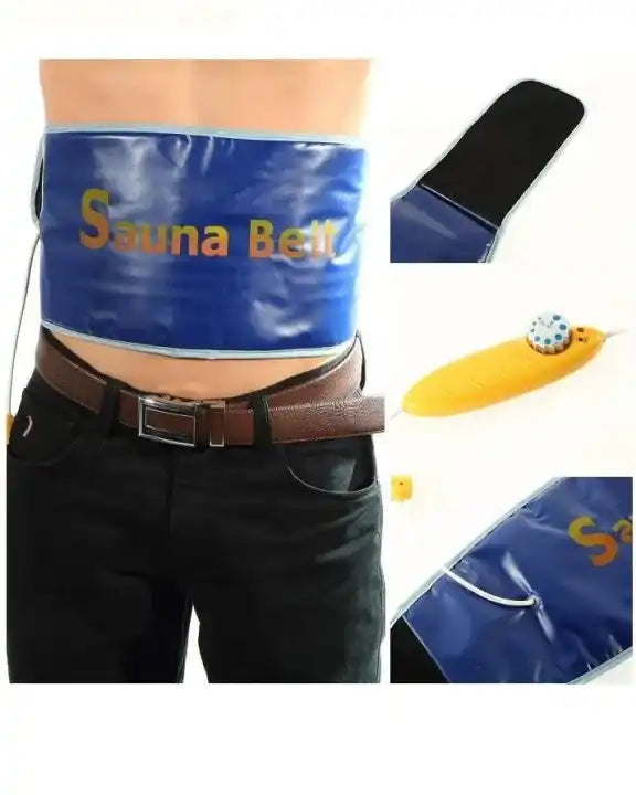 Blue sauna belt with 'Sauna Belt' text, shown on a person's waist, with additional images of the belt and packaging.