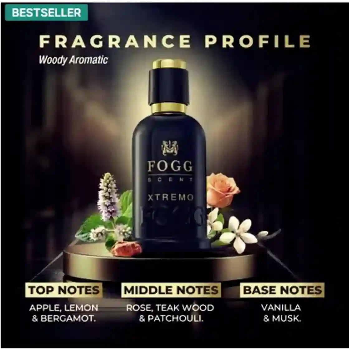 Fogg Scent Xtremo fragrance bottle displayed on a pedestal with flowers, under a 'FRAGRANCE PROFILE' header with notes for top, middle, and base notes.