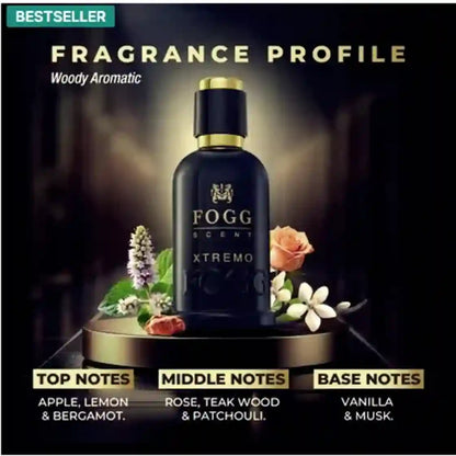 Fogg Scent Xtremo fragrance bottle displayed on a pedestal with flowers, under a 'FRAGRANCE PROFILE' header with notes for top, middle, and base notes.