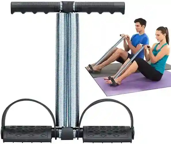 Resistance band exercise tool with two people using it on a mat.