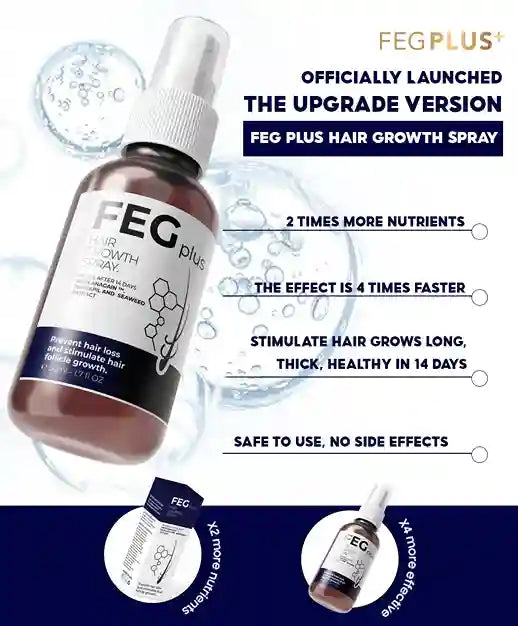 FEG Plus hair growth spray bottle with promotional text on a blue background