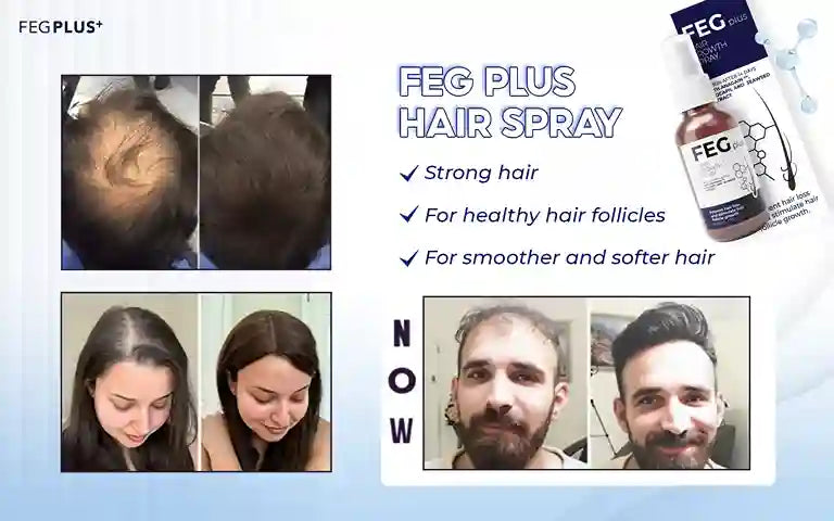 Advertisement for FEG Plus hair spray showing before and after effects on hair and skin.