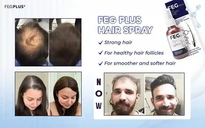 Advertisement for FEG Plus hair spray showing before and after effects on hair and skin.