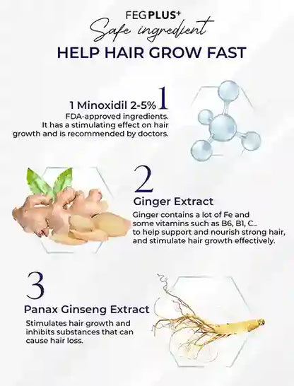 Hair growth product with ingredients and benefits on a white background