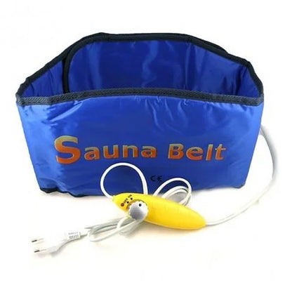 Blue sauna belt with yellow power button and white cord on a white background