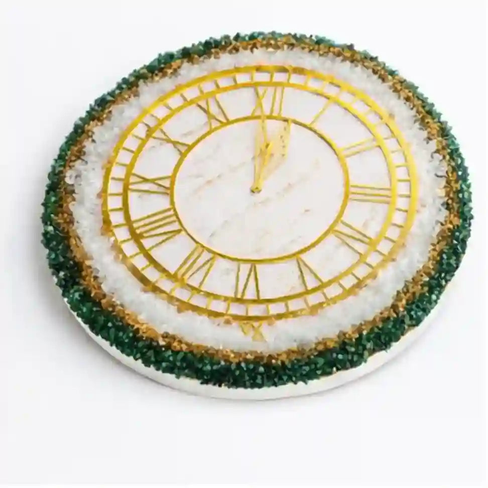 Mehmat Resin Collection Decorative clock with gold Roman numerals and green bead border on a white background