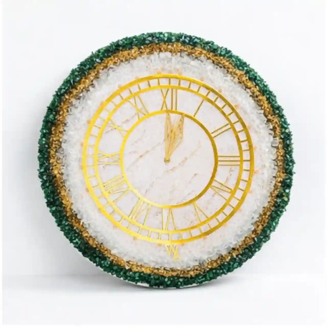 Mehmat Resin Collection Decorative clock with gold Roman numerals and green trim on a white background
