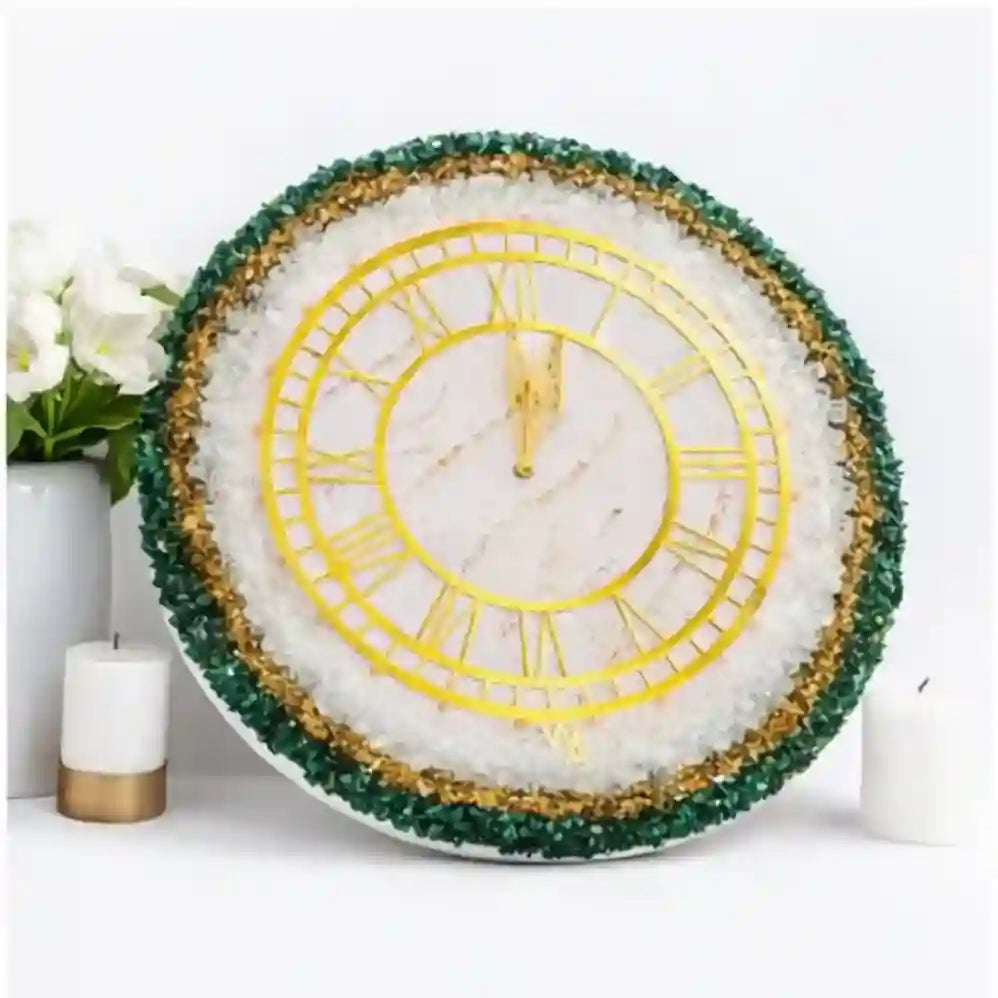 Mehmat Resin Collection Decorative wall clock with gold hands and green trim on a white background