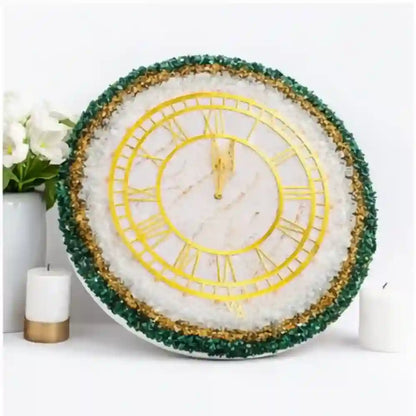 Mehmat Resin Collection Decorative wall clock with gold hands and green trim on a white background