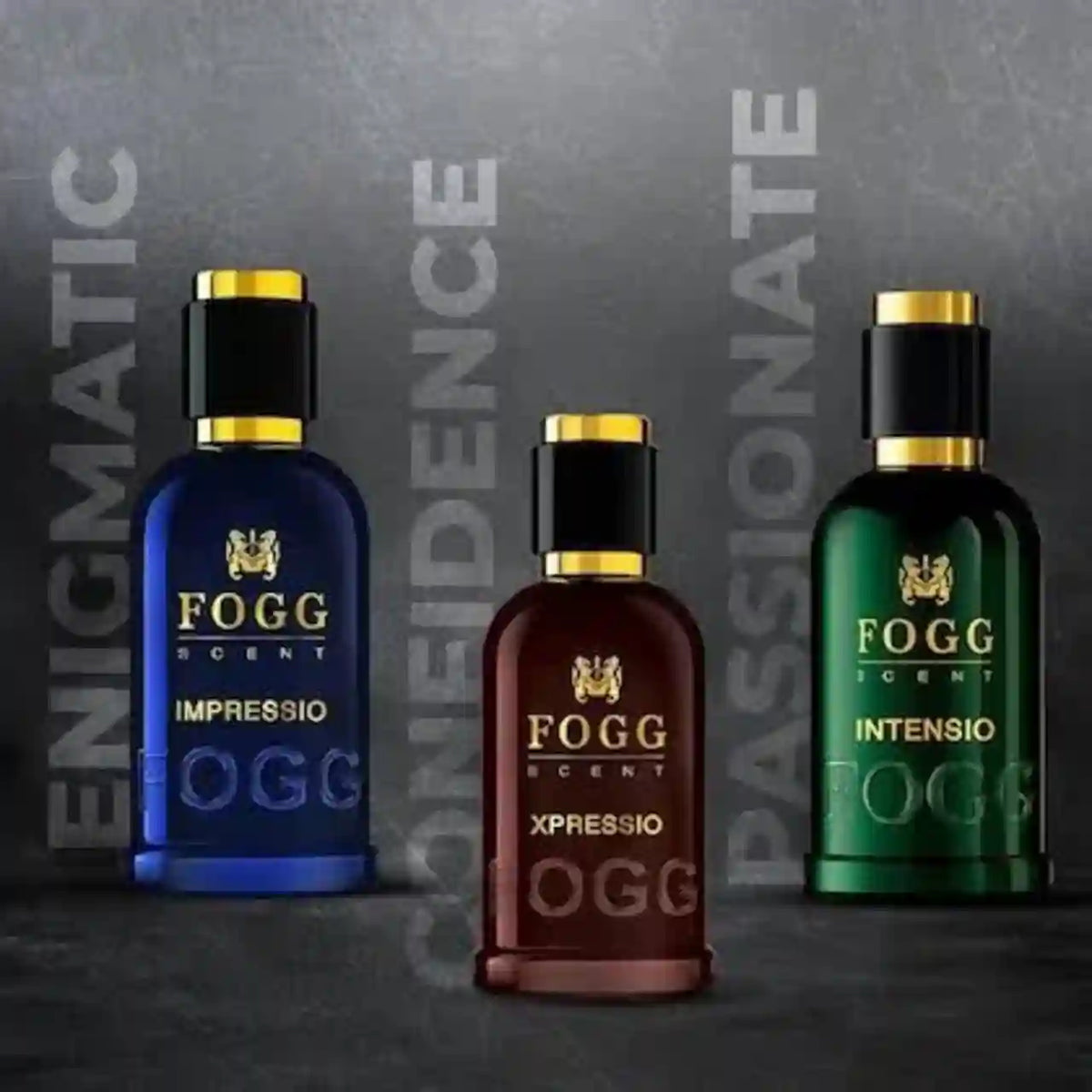 Three Fogg Scent cologne bottles on a dark gray background: a blue bottle labeled Impressio, a reddish-brown bottle labeled Xpressio, and a green bottle labeled Intensio, each with gold lettering and caps.
