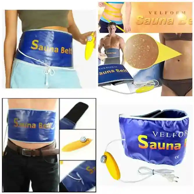 Collage of images showing a blue sauna belt with visible branding and usage examples.
