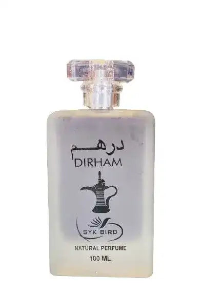 Perfume bottle labeled 'Dirham' on a white background