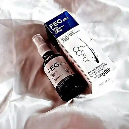 FEG Plus hair growth spray bottle and box on a white background