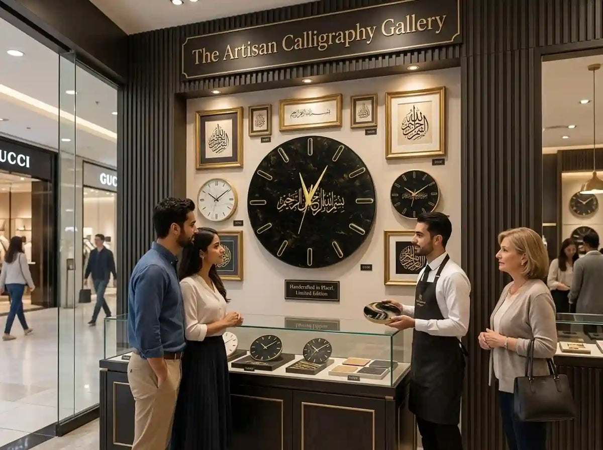 A lifestyle scene inside a luxury calligraphy gallery shop, showing a customer interaction with a staff member in front of a large black calligraphy wall clock. The display features multiple framed calligraphy pieces and smaller clocks on a dark wood-paneled wall.