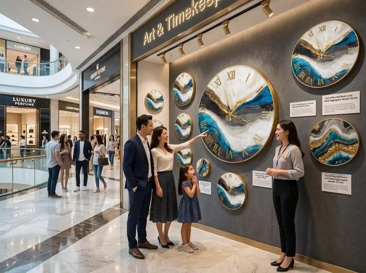 A family and a mall staff member observe a large round wall clock with a blue and white abstract landscape design inside a modern shopping mall. Several smaller matching clocks are displayed on a dark gray wall under track lighting.