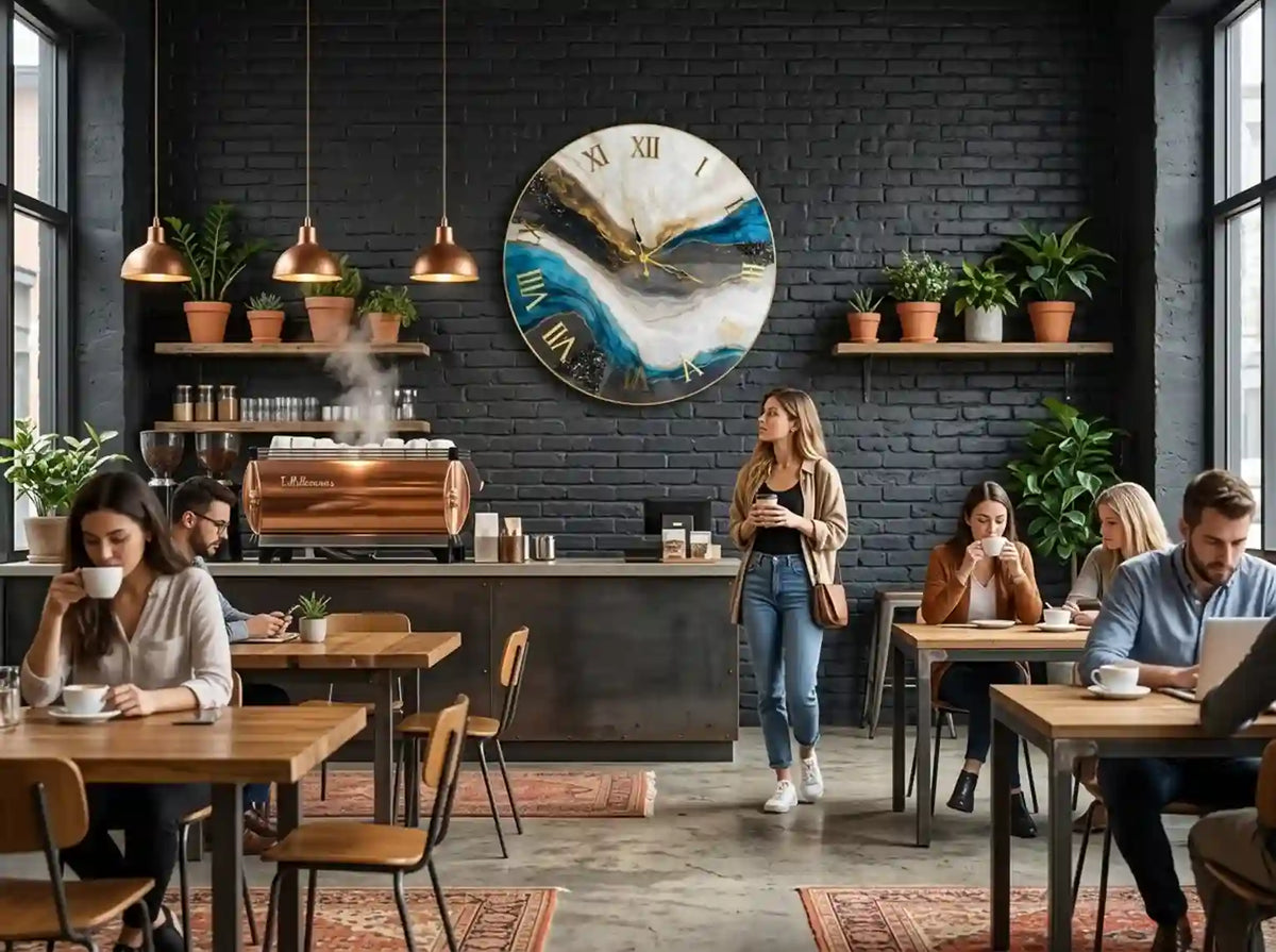 A modern coffee shop interior with several people seated at wooden tables and a woman standing near the counter. The space features a dark brick wall, a large round abstract wall clock, copper pendant lights, a coffee machine, and shelves with potted plants.
