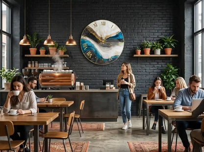 A modern coffee shop interior with several people seated at wooden tables and a woman standing near the counter. The space features a dark brick wall, a large round abstract wall clock, copper pendant lights, a coffee machine, and shelves with potted plants.