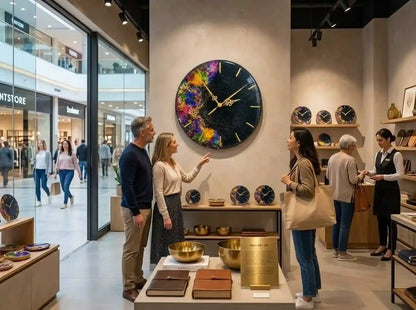A large round wall clock with a colorful galaxy-like pattern is displayed in a modern retail store. Several shoppers and store staff are gathered around the clock and other decor items on shelves and tables.