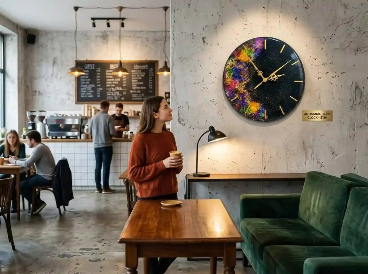 A round wall clock with a colorful galaxy print is mounted on a textured concrete wall in a cozy, modern cafe setting. A woman in a rust-colored sweater stands nearby holding a cup, with a wooden table, green velvet sofa, and other cafe patrons in the background.