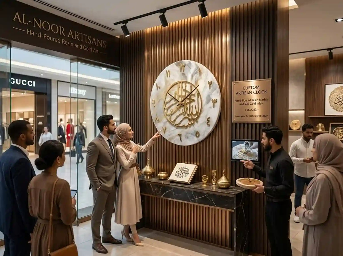 A large round white and gold hand-poured resin clock with Arabic calligraphy details is displayed on a slatted wood wall in a luxury boutique. Several people are gathered around to admire the custom piece, with a GUCCI store visible in the background.