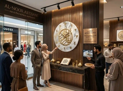 A large round white and gold hand-poured resin clock with Arabic calligraphy details is displayed on a slatted wood wall in a luxury boutique. Several people are gathered around to admire the custom piece, with a GUCCI store visible in the background.