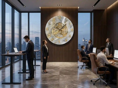 A large circular wall clock with Arabic calligraphy and gold detailing hangs on a dark wood-paneled wall in a modern office. Several people are working at desks by large windows, and the room has polished marble floors and a city skyline view.