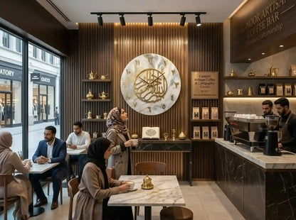 A modern coffee bar interior with patrons seated at marble tables, a counter with baristas working behind it, and a large circular wall clock mounted on a wood slat wall. Visible signage includes 'A NOOR ARTISAN COFFEE BAR' and a custom Arabic calligraphy clock plaque.