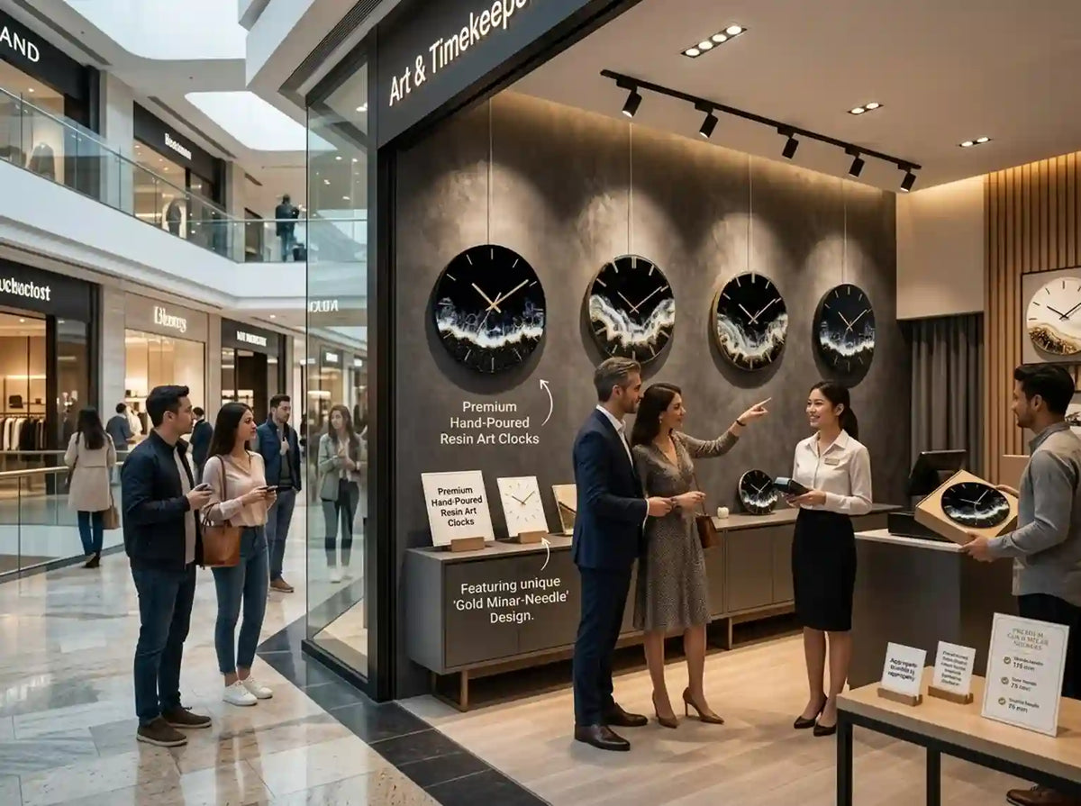 A retail display of hand-placed art clocks in a modern shopping mall. Several people are gathered around the counter, with one man holding a clock and another pointing at the wall-mounted clocks.