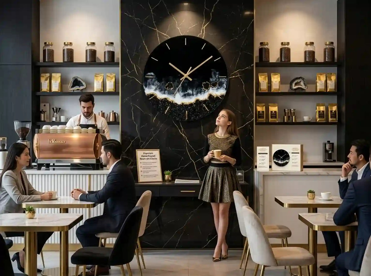 A modern interior cafe scene with several people seated and standing around tables and a counter. A large black marble wall clock with a city skyline and blue-gray clouds is mounted on the back wall above the counter.