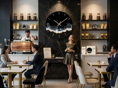 A modern interior cafe scene with several people seated and standing around tables and a counter. A large black marble wall clock with a city skyline and blue-gray clouds is mounted on the back wall above the counter.