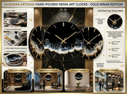 A promotional infographic for Mubarak Artisan hand-poured resin art clocks in the gold minar edition. The central panel shows three large round black clocks with gold-tone hands and a marbled black-and-gold pattern, surrounded by smaller inset photos of installation examples (elegant homes, corporate offices, luxury dining, boutique spaces) and feature callouts.