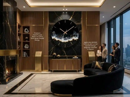 A luxury modern living room featuring a large round black art clock with a white and gold marble-like center, mounted on a black marble wall above a gold-trimmed console. The room has wood paneling, a fireplace, a curved black sofa, and a group of people standing by large floor-to-ceiling windows.