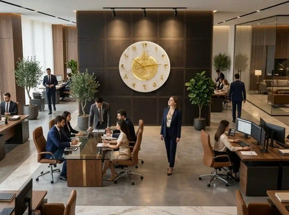 A modern open-plan office interior with several people working at desks and one woman walking toward a large round wall clock mounted on a dark wood panel. The space includes desks, chairs, potted plants, and glass partitions.