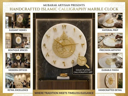 A promotional graphic for a Mubarak Artisan handcrafted Islamic calligraphy marble clock, featuring a large central view of the clock on a dark marble wall with inset photos and text highlighting features like elegant homes, boutique spaces, and modern offices.