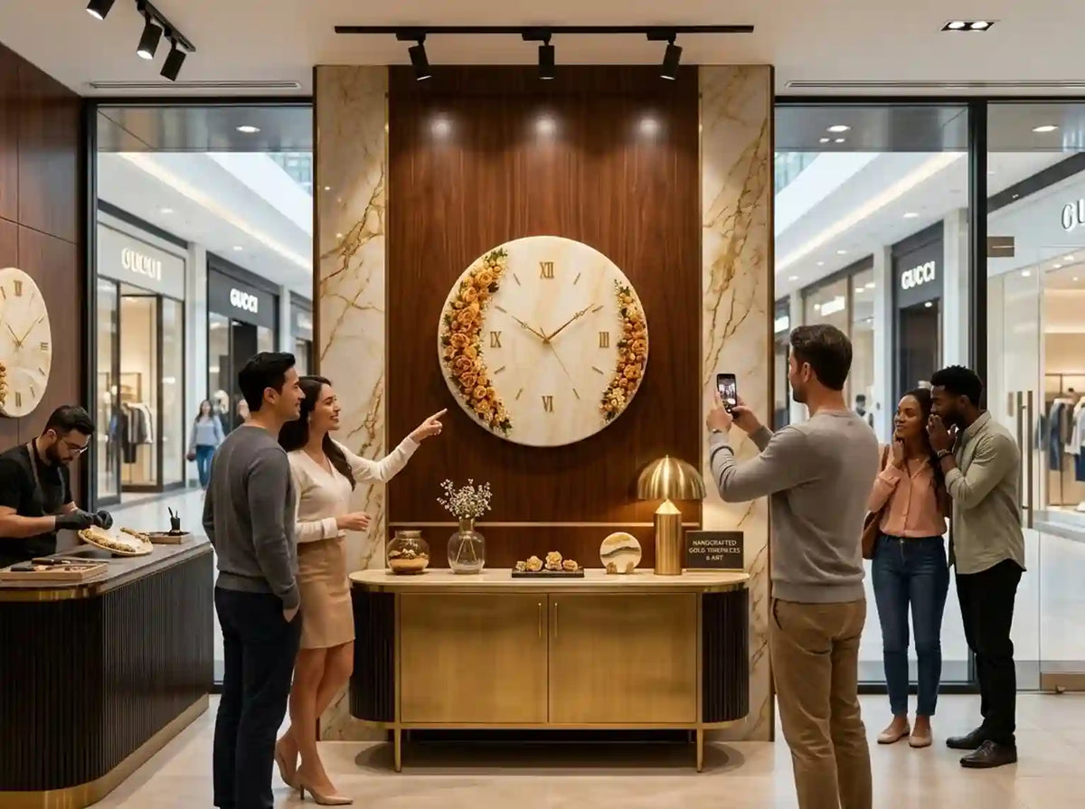A large round wall clock with a white face and gold floral accents is displayed in a luxury boutique. Several people are gathered around the clock, with one man taking a photo and a woman pointing at the design.