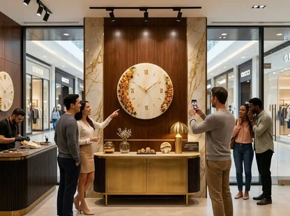 A large round wall clock with a white face and gold floral accents is displayed in a luxury boutique. Several people are gathered around the clock, with one man taking a photo and a woman pointing at the design.