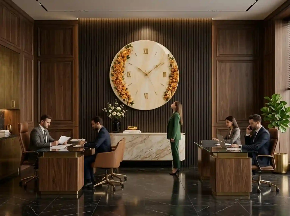 A large round wall clock with a warm wood grain face and floral accents around the rim, mounted on a dark wood-paneled wall in a modern office setting with four people working at desks.