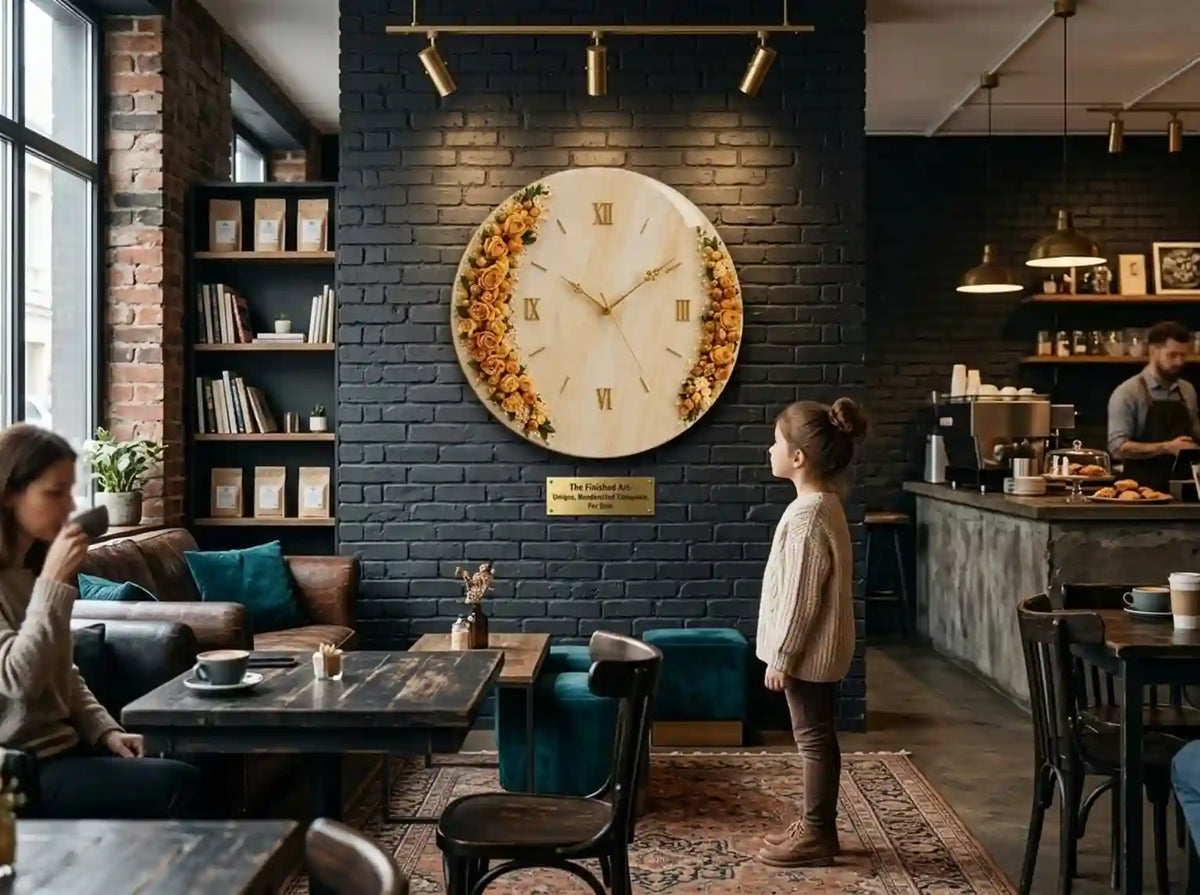 A large round wall clock with a warm wood-toned face and autumn leaf border hangs on a dark brick wall in a cozy cafe interior. A child stands in front of the clock, while other cafe patrons and the counter are visible in the background.