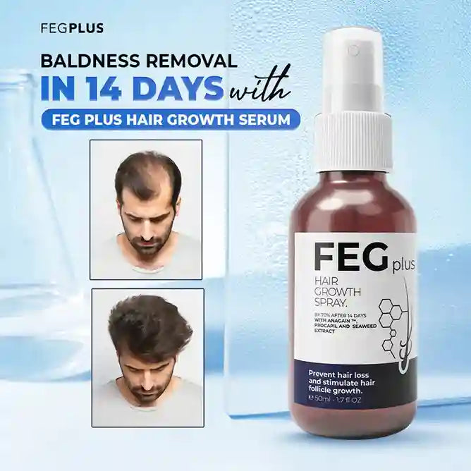 FEG Plus hair growth serum bottle with before and after images on a light blue background
