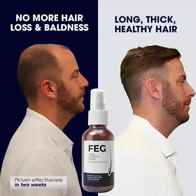 Before and after comparison of hair health with FEG hair growth spray.