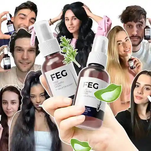 Collage of people with FEG hair growth spray bottles and product packaging.