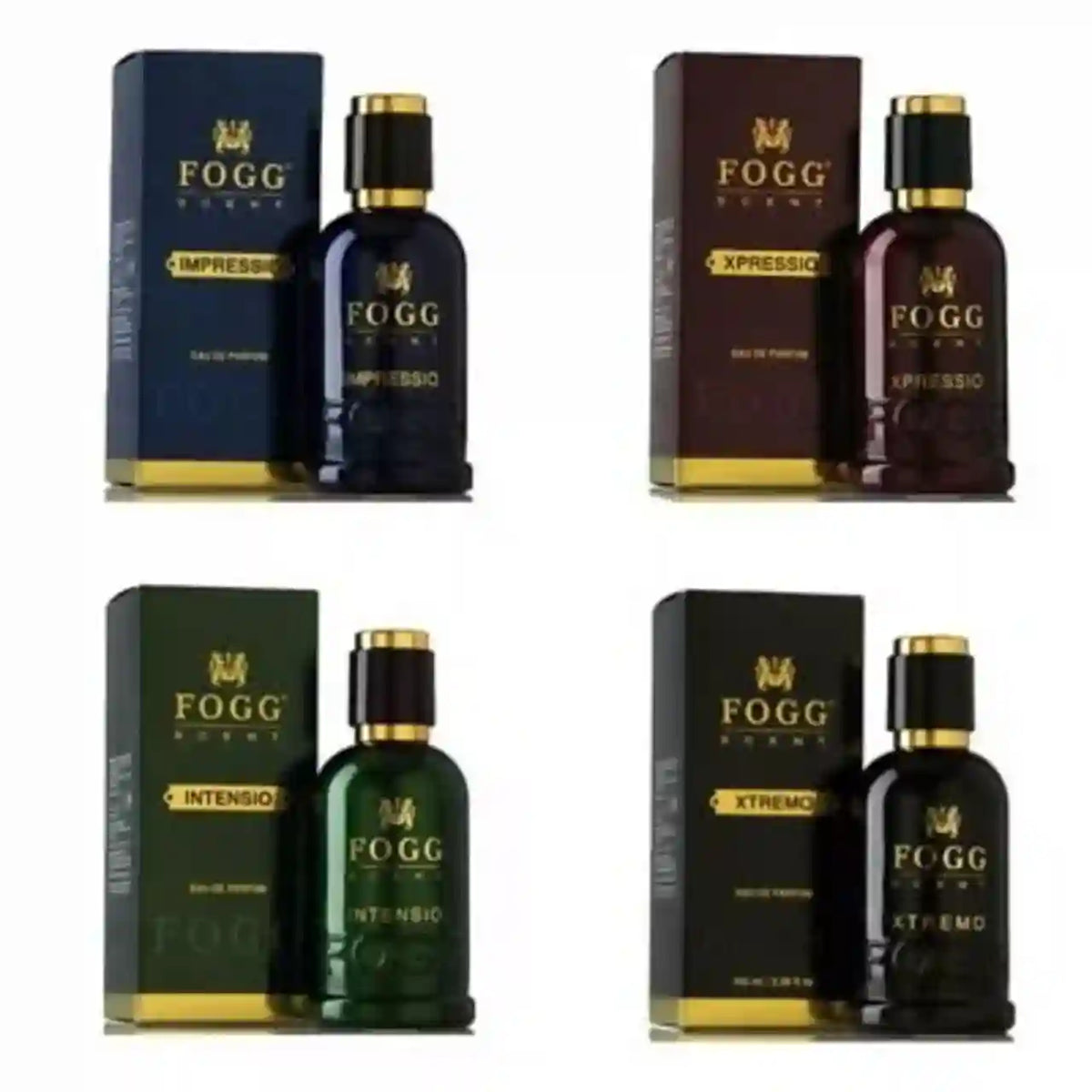 Four Fogg Parfum bottles with their respective boxes arranged in a 2x2 grid. The bottles are dark glass with gold caps, accompanied by boxes in navy blue, dark brown, green, and black with gold lettering.
