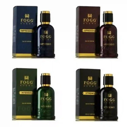 Four Fogg Parfum bottles with their respective boxes arranged in a 2x2 grid. The bottles are dark glass with gold caps, accompanied by boxes in navy blue, dark brown, green, and black with gold lettering.