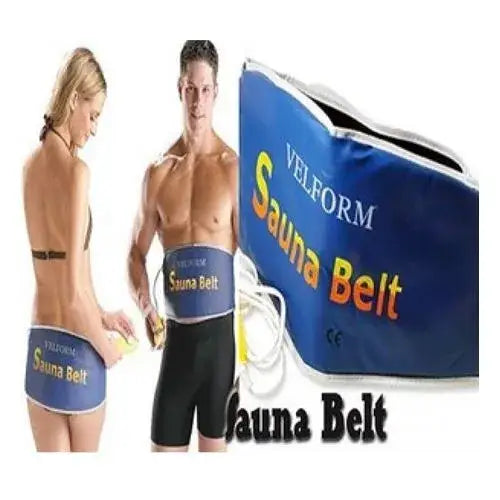 VELFORM Sauna Belt on a white background with a man and woman wearing it.